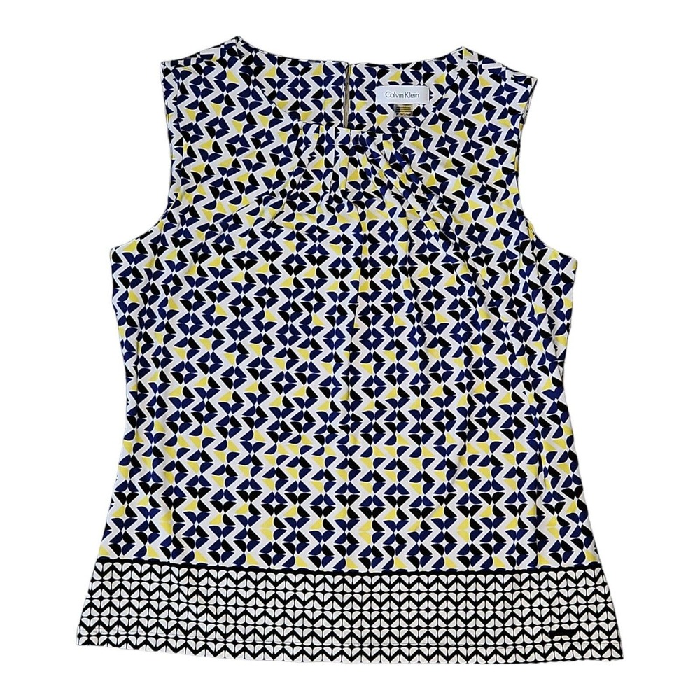 Calvin Klein Blouse Sleeevless Women's Petite Large (PL)White/Blue/Black/Yellow